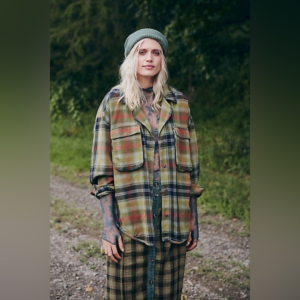 New Free People Izzie Oversized Olive Green Combo Cargo Shirt Top sz XS